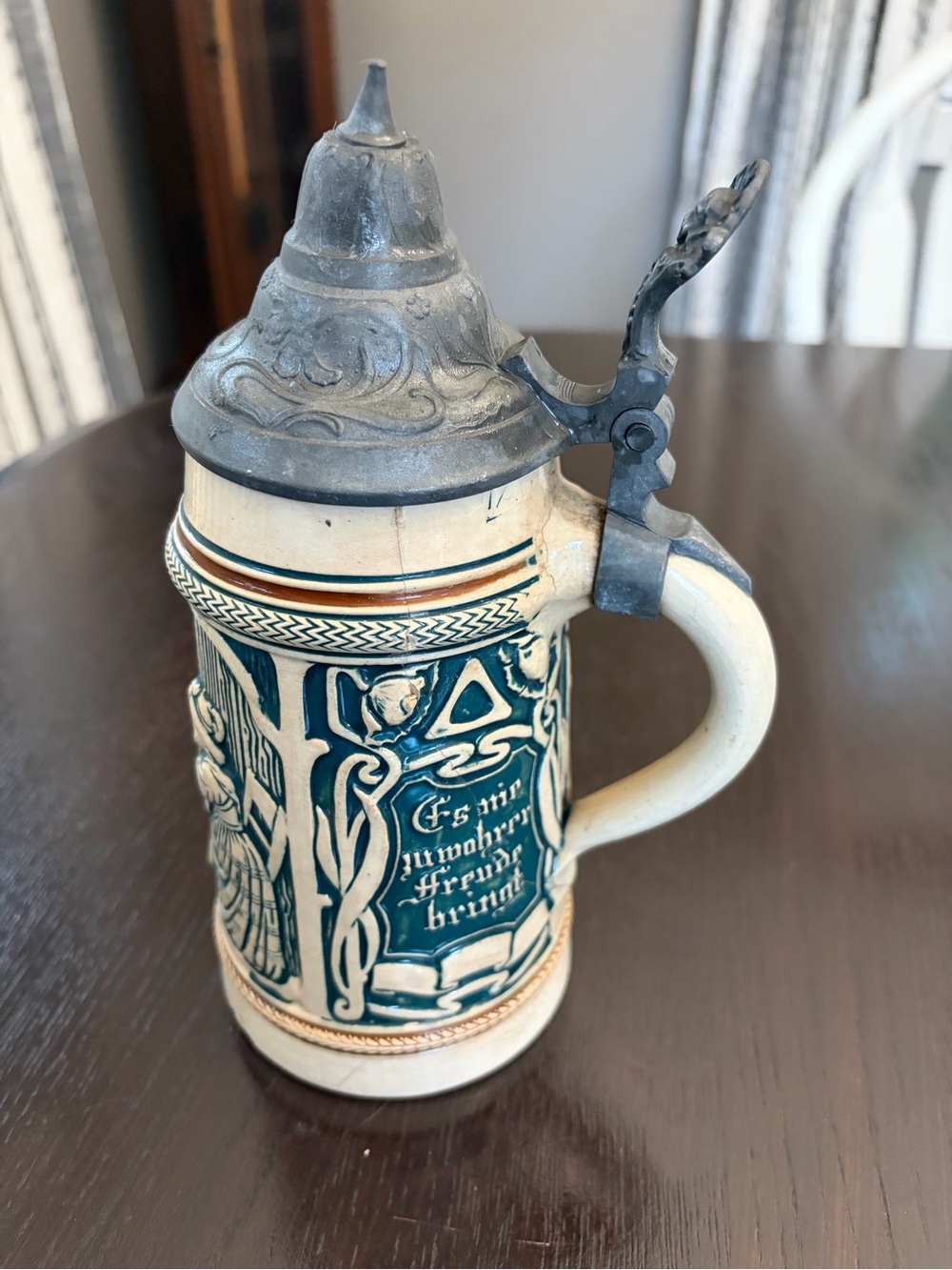 Reinhold Merkelbach Vintage Ceramic Beer Stein with Pewter Lid - Blue and Cream - Picture 3 of 6